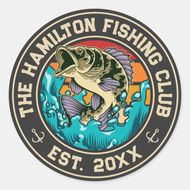 Adesivo Redondo Largemouth Bass Retro Sunset Fisheries Club (Frente)
