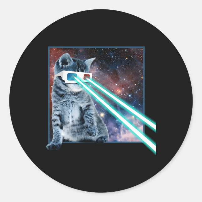Adesivo Redondo Laser Olhos Espaço Gatinho Óculos 3D (Frente)