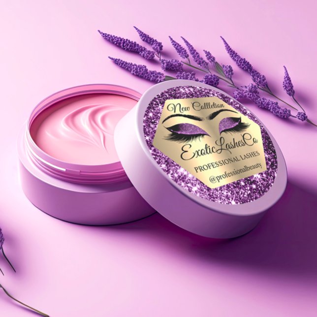 Adesivo Redondo Lash Packaging Makeup Artista Dourado Roxo Olhos (Lash Packaging Makeup Artist Gold Purple Eyes Classic Round Sticker)