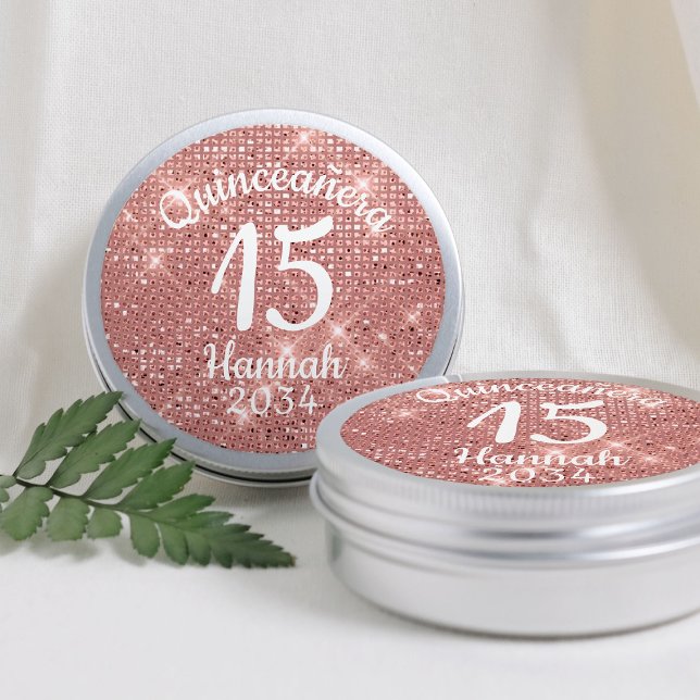 Adesivo Redondo Lata de Favor para Quince Anos em Rose Gold (Rose Gold Quinceañera 15th Birthday Favors Tin Classic Round Sticker
)