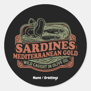 Adesivo Redondo Lata de Sardinha Mediterrânea Vintage Retro Seacut
