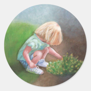 Adesivo Redondo "Laura", pintura a óleo, garotinha catando flores