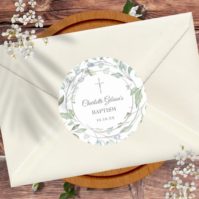 Adesivo Redondo Laurel Garland Faux Silver Baptism Christening (Criador carregado)