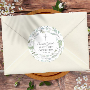 Adesivo Redondo Laurel Garland Silver Primeira Comunhão Sagrada