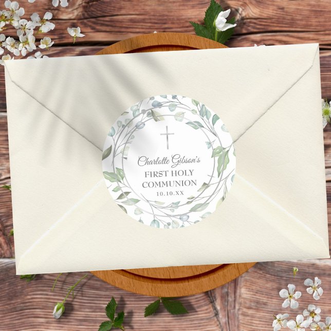 Adesivo Redondo Laurel Garland Silver Primeira Comunhão Santa (Criador carregado)
