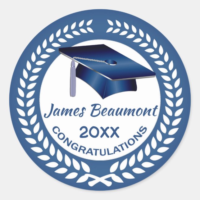 Adesivo Redondo Laurel Wreath, Blue Mortar Classe de qualquer ano (Frente)