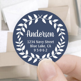 Adesivo Redondo Laurel Wreath Marinho Blue Return Address Labels