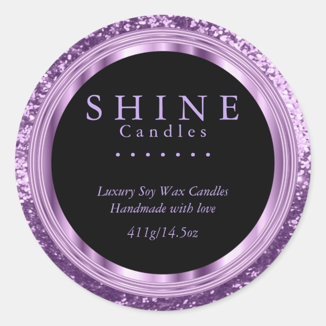 Adesivo Redondo Lavanda brilhante e rótulos pretos (Frente)