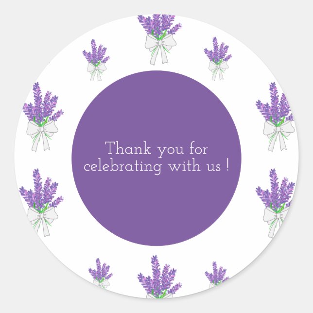 Adesivo Redondo Lavanda Chá de fraldas Roxo Obrigado (Frente)