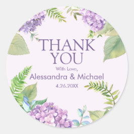 Adesivo Redondo Lavanda de Watercolor Hydrangea Casamento Obrigado