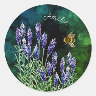 Adesivo Redondo Lavanda e abelha pintadas com aquarelas