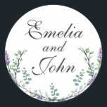 Adesivo Redondo Lavanda e Eucalyptus<br><div class="desc">Um design elegante e vintage com eucalipto e lavanda pintado em cor d'água romântica.</div>
