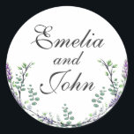 Adesivo Redondo Lavanda e Eucalyptus<br><div class="desc">Um design elegante e vintage com eucalipto e lavanda pintado em cor d'água romântica.</div>