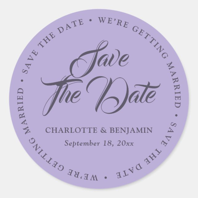 Adesivo Redondo Lavanda Purple Typografia Casamento Salvar Data (Frente)