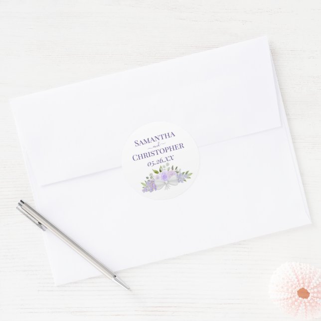 Adesivo Redondo Lavanda Rosas Roxos e Brilhos Casamento Simples (Envelope)