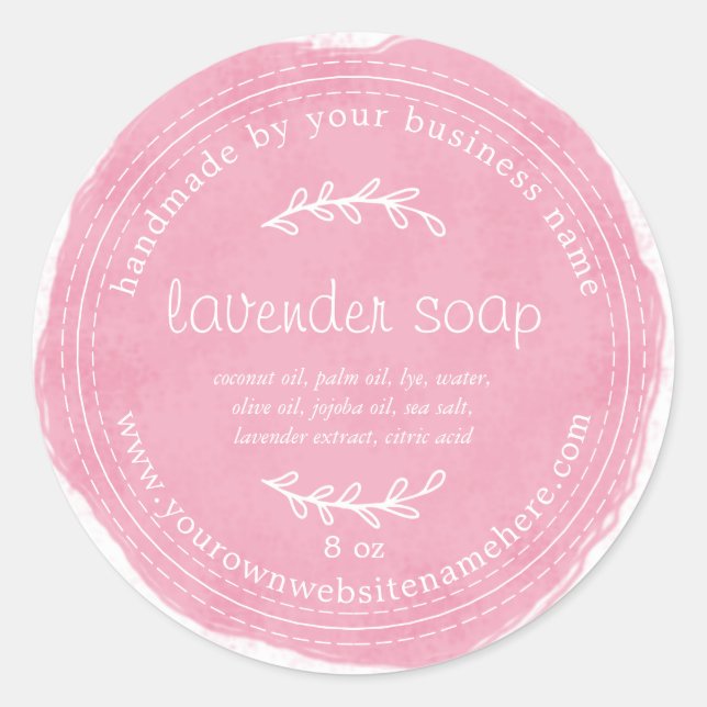Adesivo Redondo Lavanda Rústica, Feita À Mão, Sabor Aquático, Rosa (Frente)