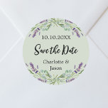Adesivo Redondo Lavanda sábio, casamento verde Salve a data<br><div class="desc">Um fundo verde de moda decorado com flores lavandas e verde de eucalipto. Personalize e adicione seus nomes e data de casamento.</div>