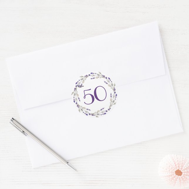Adesivo Redondo Lavanda Wreath para 50º aniversário (Envelope)
