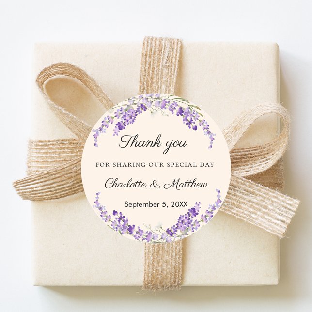 Adesivo Redondo Lavender florals cream champagne wedding thank you (Criador carregado)