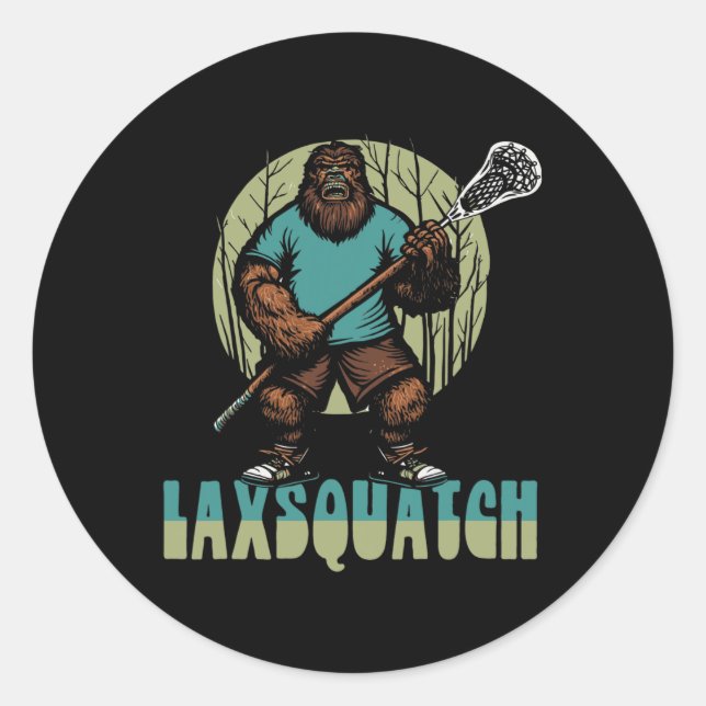 Adesivo Redondo Laxsquatch! Jogador de Lacrosse Bigfoot Sasquatc (Frente)