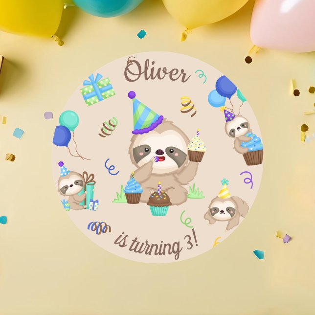 Adesivo Redondo Lazy Day Cute Sloth Birthday Party (Criador carregado)