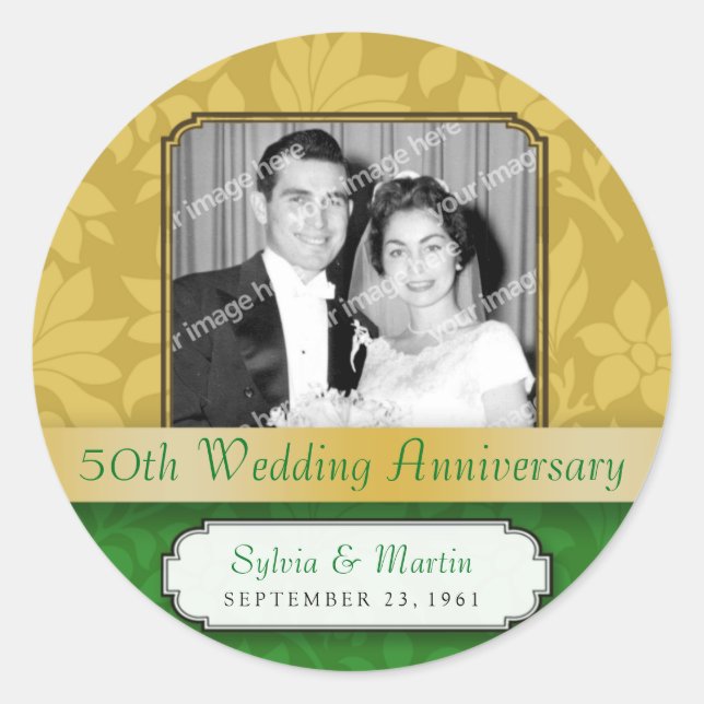 Adesivo Redondo Leafy Dourado Damask 50º Aniversário (Frente)