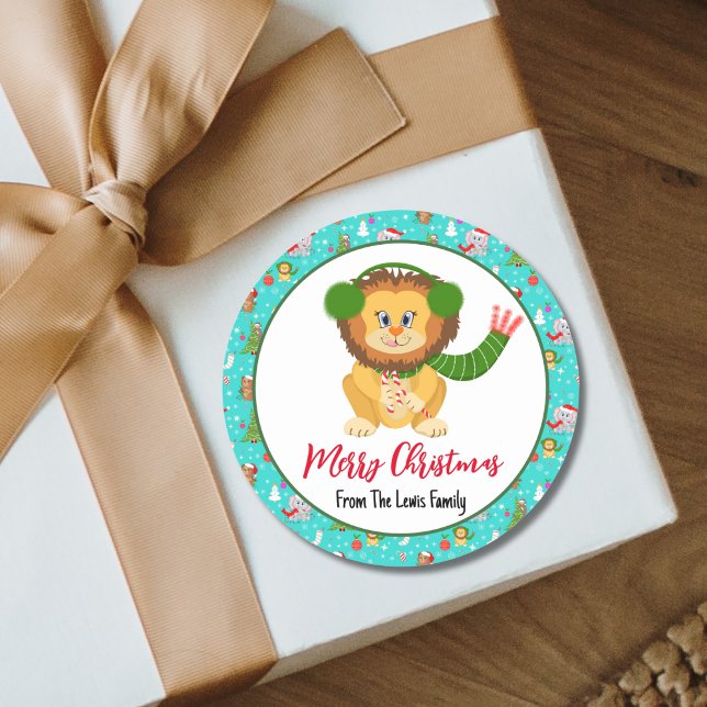 Adesivo Redondo Leão-Bebê Bonito Com Feliz De Zoo Teto De Cobalto (Criador carregado)