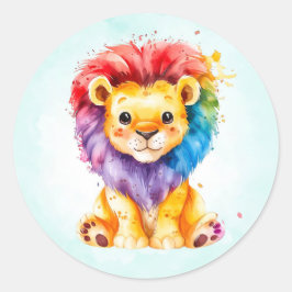 Adesivo Redondo Leão Colorido de Aquarela Qualquer Chá de fraldas 