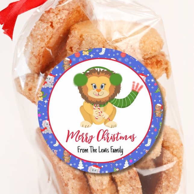 Adesivo Redondo Leão de bebê bonito com zoológico Feliz Natal (Criador carregado)