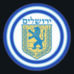 Adesivo Redondo Leão de Judah Emblem Jerusalem Hebraico<br><div class="desc">Adesivo redondo com uma imagem de um leão azul e amarelo de emblema Judah e bordas grandes e duplas azuis aparadas em azul claro em branco. Consulte rótulo correspondente. Veja toda a coleção do Chanucá Sticker na categoria CARDS & STICKERS na seção HOLIDAYS.</div>