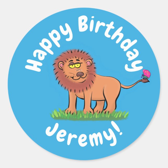 Adesivo Redondo Leão engraçado bonito com cartoon de borboleta (Frente)