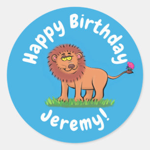 Adesivo Redondo Leão engraçado bonito com cartoon de borboleta