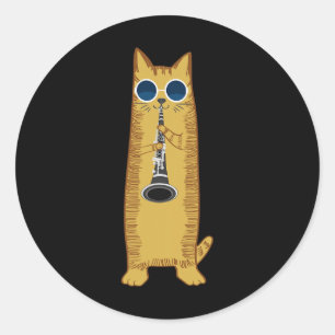 Adesivo Redondo Legal Gato A Tocar O Hipster Hippy Clarinet Design