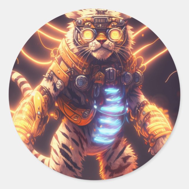 Adesivo Redondo Legal Mecha Tiger com estilo Cyborg Steampunk (Frente)
