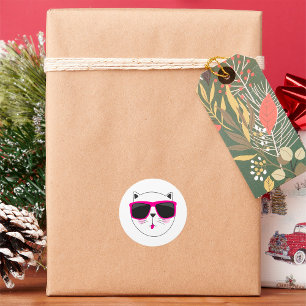 Adesivo Redondo Legal rosto de gato com óculos de sol cor-de-rosa 