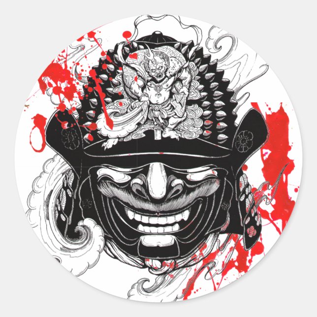 Adesivo Redondo Legal sangue, samurai demon mask helm tatuagem (Frente)