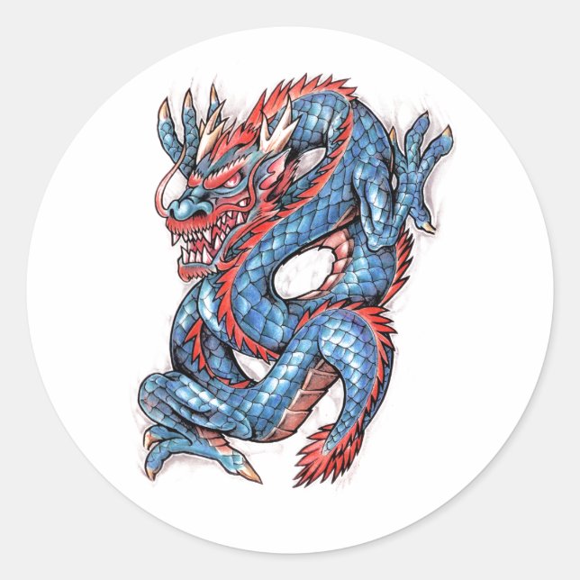 Adesivo Redondo Legal Tatuagem de Dragão Oriental Azul (Frente)