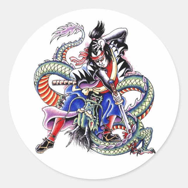 Adesivo Redondo Legal tatuagem do Samurai Fight Dragon (Frente)
