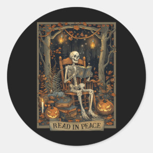 Adesivo Redondo Leia Em Paz: Skeleton Halloween Lê Livros Banidos