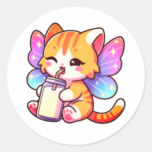Adesivo Redondo Leite de bebendo de gatos-fadas-bonitos