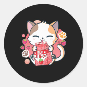 Adesivo Redondo Leite de Morango Gato Kawaii Anime Neko Gift Girls
