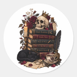 Adesivo Redondo Leitor Gótico Adorador de Livros Literários Caveir