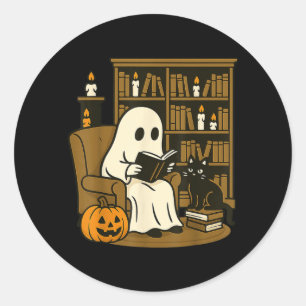 Adesivo Redondo Leitura Aconchegante Com Gato Preto E Halloween De