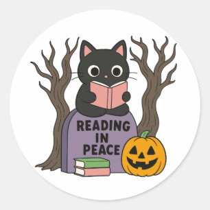 Adesivo Redondo Leitura de Gato Negro Bonito em Paz
