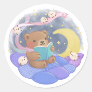Adesivo Redondo Leitura de Urso de Teddy com Ilustração de Monstro