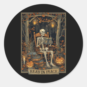 Adesivo Redondo Leitura Engraçada Em Paz Skeleton Halloween Leia B