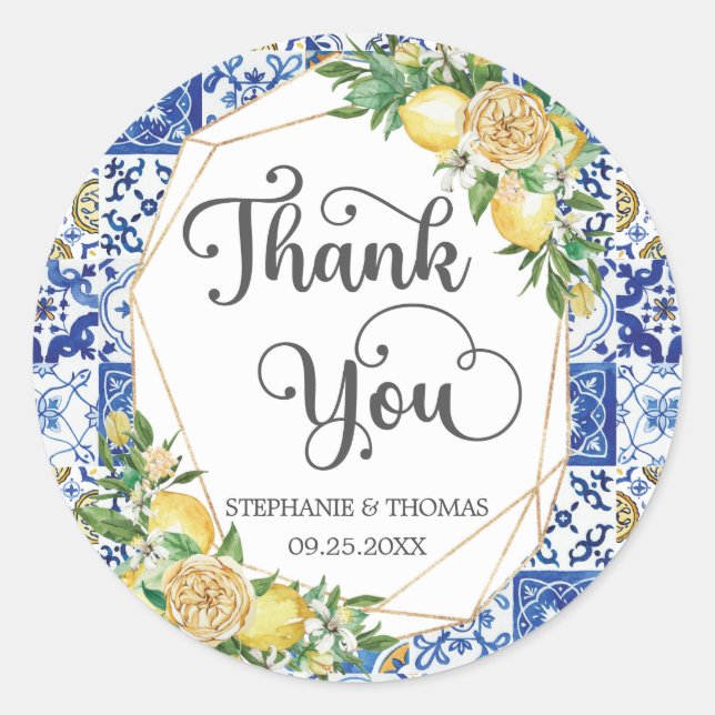 Adesivo Redondo Lemas Folhagem Mosaico Mediterrâneo Azulejos Casam (Frente)