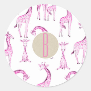 Adesivo Redondo Lembrancinha de Festa de Bebê Girafas Rosa Monogra