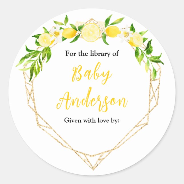 Adesivo Redondo Lemons and Foliage Baby Shower Bookplate (Frente)