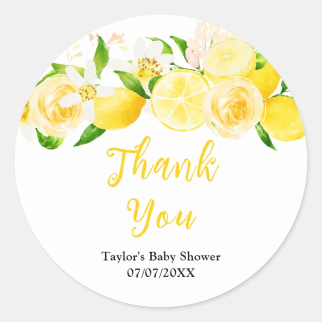 Adesivo Redondo Lemons and Foliage Baby Shower Thank You (Frente)
